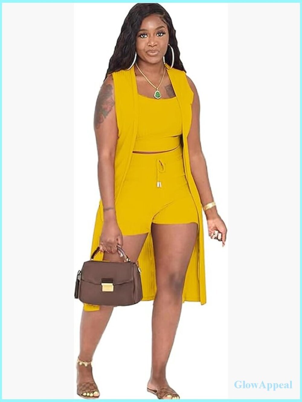 3 Piece Lounge Set Ribbed Cardigan Crop Tank Shorts